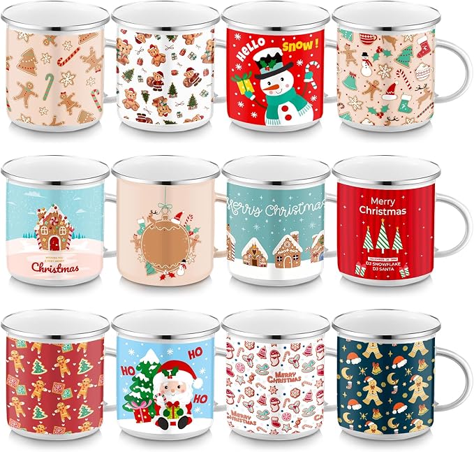 Sliner 12 Pcs Christmas Enamel Mugs, 12 oz Coffee Mugs Bulk Hot Chocolate Mug Set Cute Enamel Tea Cups Winter Holiday Christmas Employee Gift for Family Coworkers (Gingerbread Carnival)