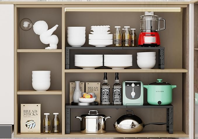 Jojocross Expandable Stackable Spice Rack Organizer for Kitchen Cabinet,Adjustable Counter Shelf, countertop, Pantry,Cupboard,Bathroom,Bedroom(1Pack/Black/Large)