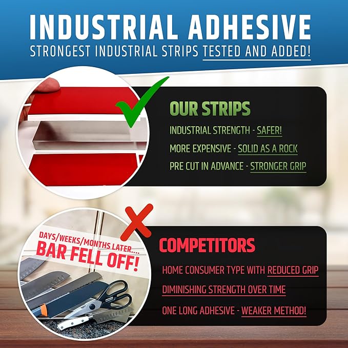17" Strong Adhesive (No Drill) Magnetic Knife Holder for Wall - Professional Knife Strip - No Screws Needed - Adhesive Backing - Stainless Steel Knife Bar (Upgraded Version – Will Not Fall)