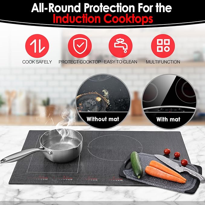 KitchenRaku Large Induction Cooktop Protector Mat, Translucent (Magnetic) Electric Stove Burner Covers Antiscratch as Glass Top Stove Cover or Electric Stove Top (Monochromatic Black, 52x78CM)