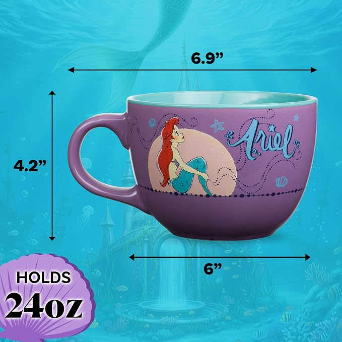 Silver Buffalo Disney Princess Ariel Moonlight Ceramic Soup Mug, 24oz | Little Mermaid artwork, Moonlight ocean design, Large capacity ceramic mug, Ideal for soups & noodles, BPA-free construction