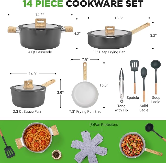 NutriChef 14 Pcs Nonstick Ceramic Cookware Set - Induction Safe Pots and Pans with Glass Lids, Cool-Touch Handles, Even Heat Distribution, Dishwasher Safe, Includes Spatula, Ladle, Tong -Black