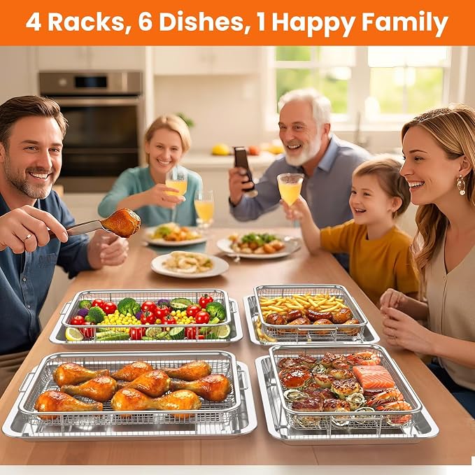 304 Stainless Steel Air Fryer Basket for Oven 2 Pack Crisper Tray Mesh Set | 2 sizes fit 16 wings/6 burgers, compatible with Frigidaire/Samsung oven, 304 steel non-stick mesh, dishwasher safe, 60 papers