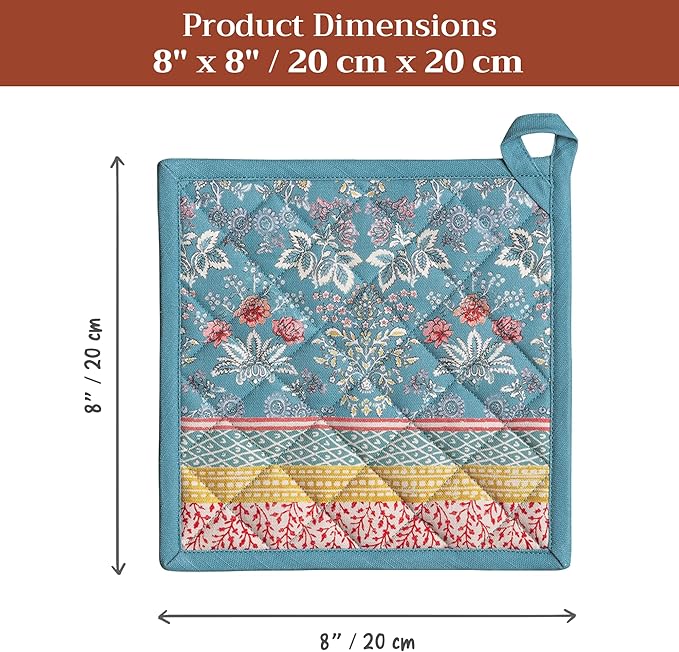 Maison d' Hermine Pot Holders 100% Cotton Heat Resistant Potholders 8" x 8" Hot Pads with Loop BBQ Cooking Baking Gifts for Mothers Day Handling Hot Pans Spring/Summer (Pack of 2, Marquise)
