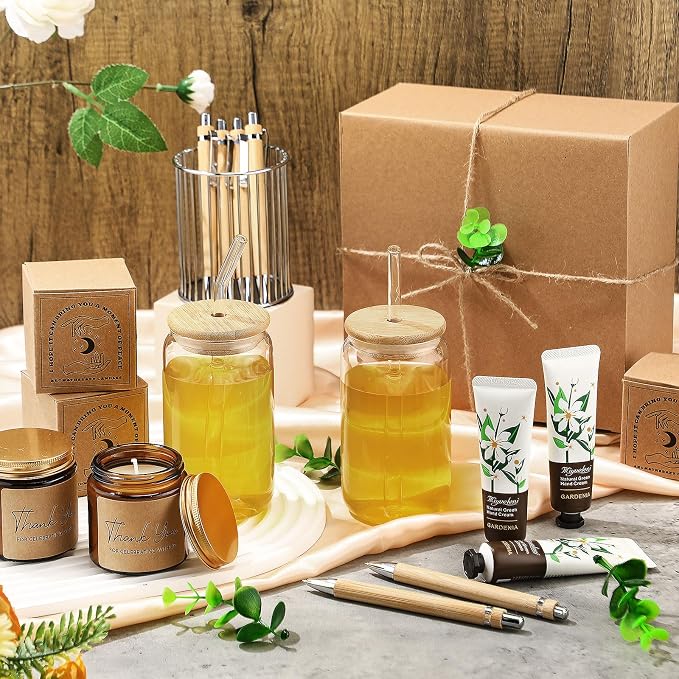 Reallnaive 6 Sets Baby Shower Prizes for Game Winners, Baby Shower Favors Including Glass Cup Scented Candles Hand Cream Pens Gift Box with Raffia for Gender Reveal Wedding Bridal Party Prizes(Khaki)