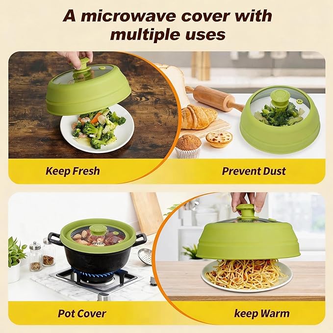 Microwave Splatter Cover - 9.8" Glass Lid with Collapsible Silicone Rim, Universal Pot & Plate Cover for Mess-Free Heating (Green, 9.8inch)