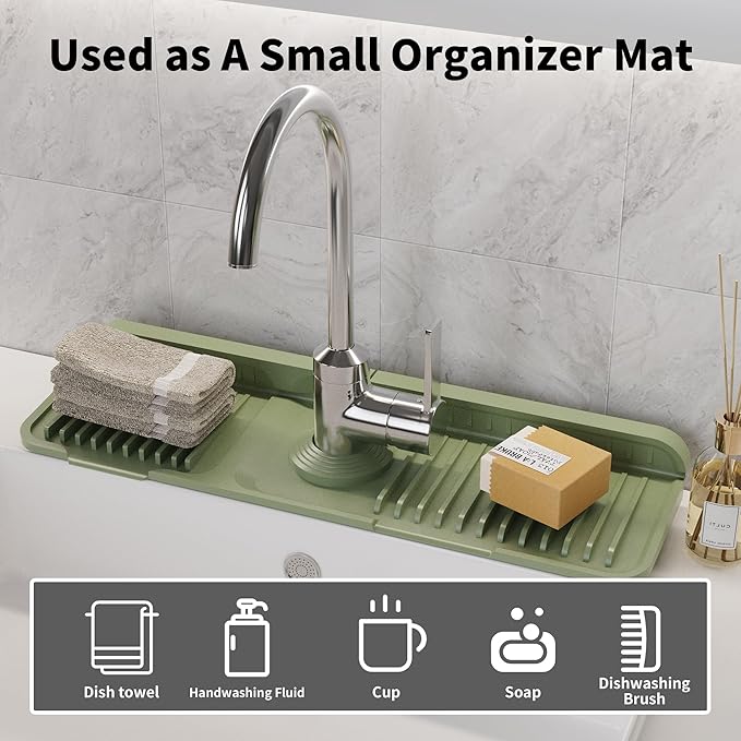 WAFT YEARN 17X5 Inch Silicone Durable Faucet Mat Kitchen Sink Splash Guard Draining Protector Tray Liner Absorbent Protective Counter Accessories For Sink Kitchen Bathroom Laundry Room Bar & RV Green