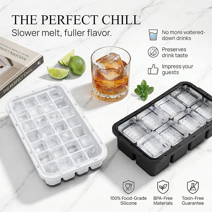 Ice Cube Tray with Lid and Bin, Ice Trays for Freezer with 40 Cubes, Easy-Release Silicone Ice Cube Molds, Stackable Ice Bucket Kits with Stainless Steel Ice Tongs for Drinks, Coffee, Cocktail