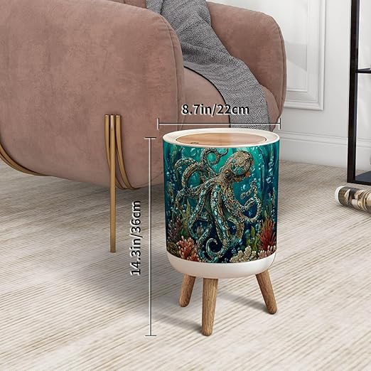 Trash Can with Lid Teal Blue Ocean Octopus Coral Reefs Press Top Round Small Garbage Bin with Wooden Legs Waste Basket for Kitchen Bedroom Nursery 7L/1.8 Gallon