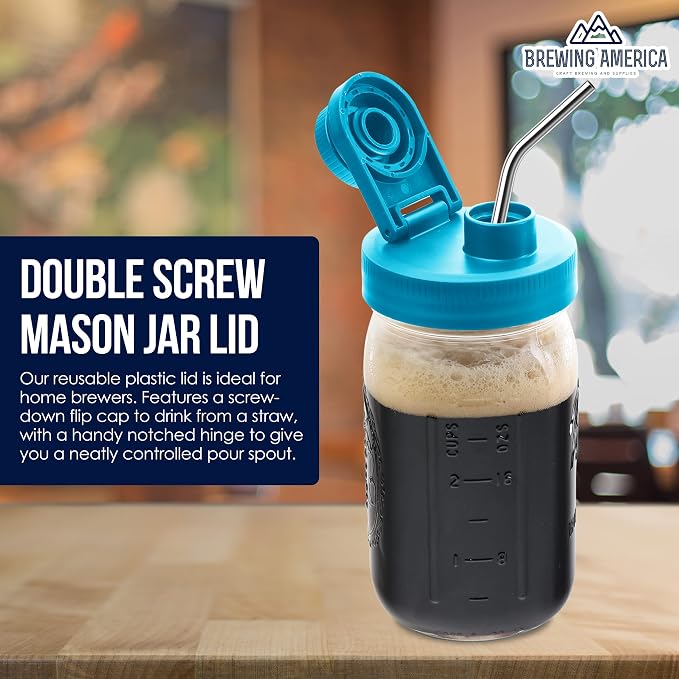 Brewing America Glass Mason Jar Pitcher with Lid, 1 Quart (32 oz) with Teal Wide Mouth Pour Lid, for Smoothie, Boba Cup, Sun Tea, Cold Coffee Glass Tumbler, 2-Pack