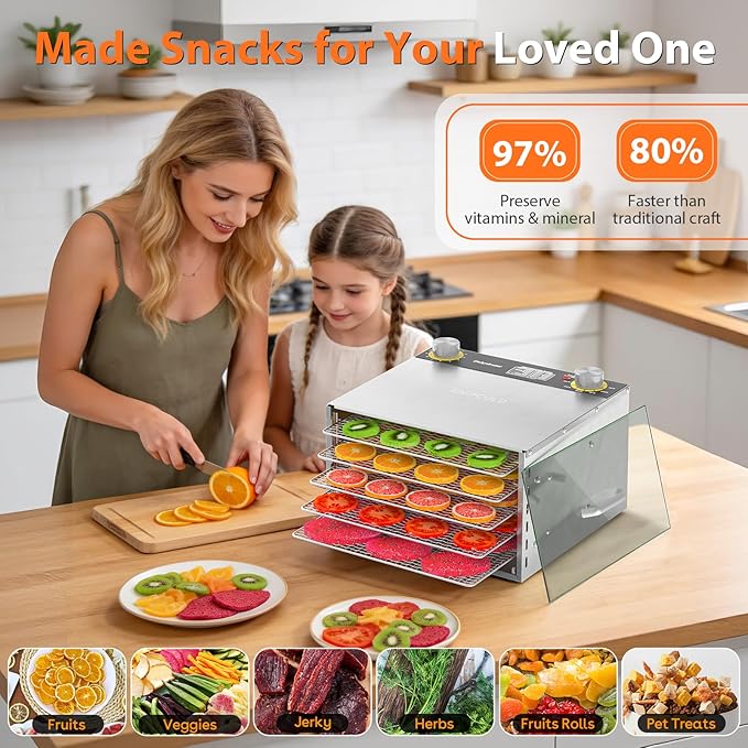 Food Dehydrator - 5 Stainless Steel Trays Dryer Machine with 194℉ Temperature Control & Adjustable Timer, 400W Meat Dehydrator for Jerky, Fruit, Veggies, Dog Treats, 50 Recipes Book Included
