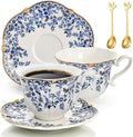 Porcelain Tea Cups and Saucers Set of 2, 6 Oz Vintage Country Roses Bone China Tea Cup with Gold Trim, Spoon, 6 Pieces Coffee Cappuccino Mugs for Women, Tea Parties, Wedding Gifts