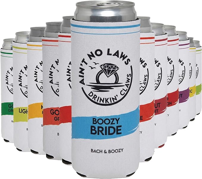 Funky Junque Bachelorette Party Favors Slim Can Cooler, Funny Bridesmaid & Bride Gifts for Girls Trip, Bridal Shower Decorations & Accessories, 12 oz Skinny Can Covers - Ain't No Laws - 12 Pack
