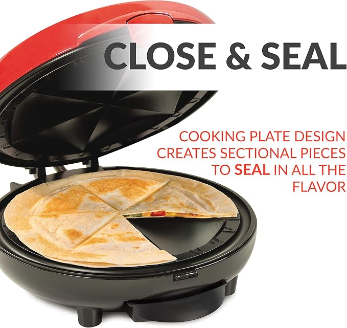 Nostalgia Taco Tuesday Deluxe 8-Inch 6-Wedge Electric Quesadilla Maker with Extra Stuffing Latch, Red
