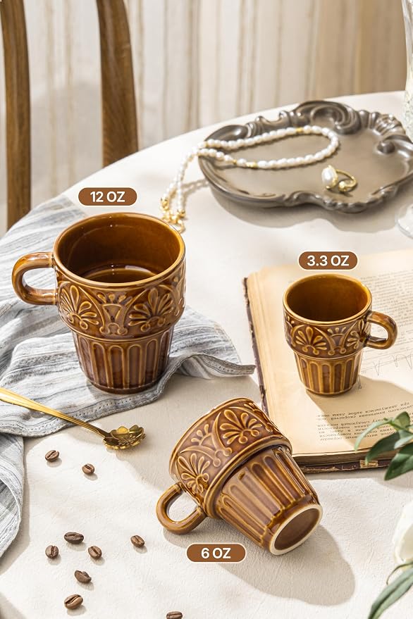 Ceramic Coffee Mug, Stackable Mug 3.3 OZ Coffee Mugs, Espresso Cups, Mugs Set of 6 for Latte Milk Hot Chocolate, for Men Women Kids, Ideal for Home Restaurant Daily Use & Holiday Gifting, Brown