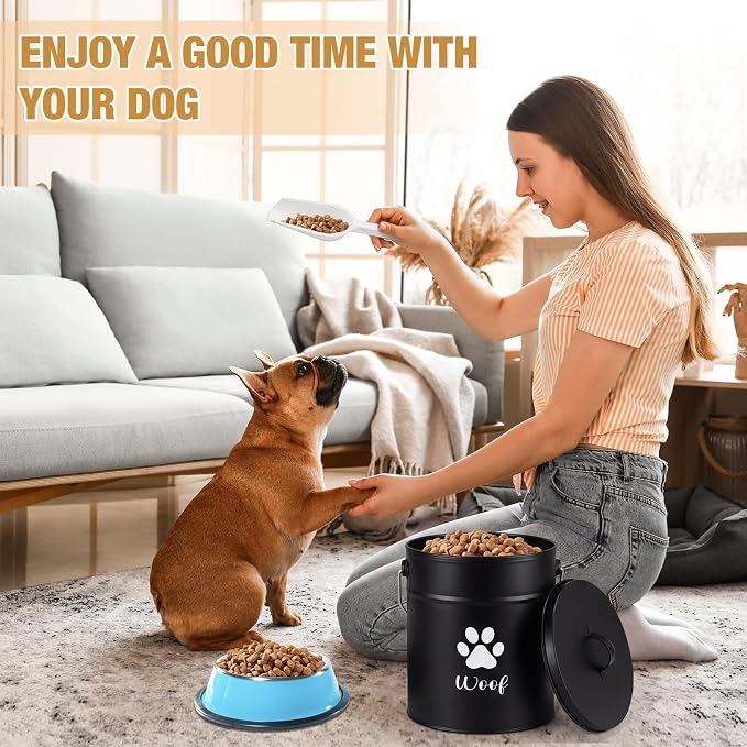DoubleFill Extra Large 23+10 lb Metal Dog Food Storage Containers Set of 2 Black Airtight Dog Treat Snack Jars with Lids and Spoon Farm House Style Big Pet Cookie Jar for Kitchen Counter Gift