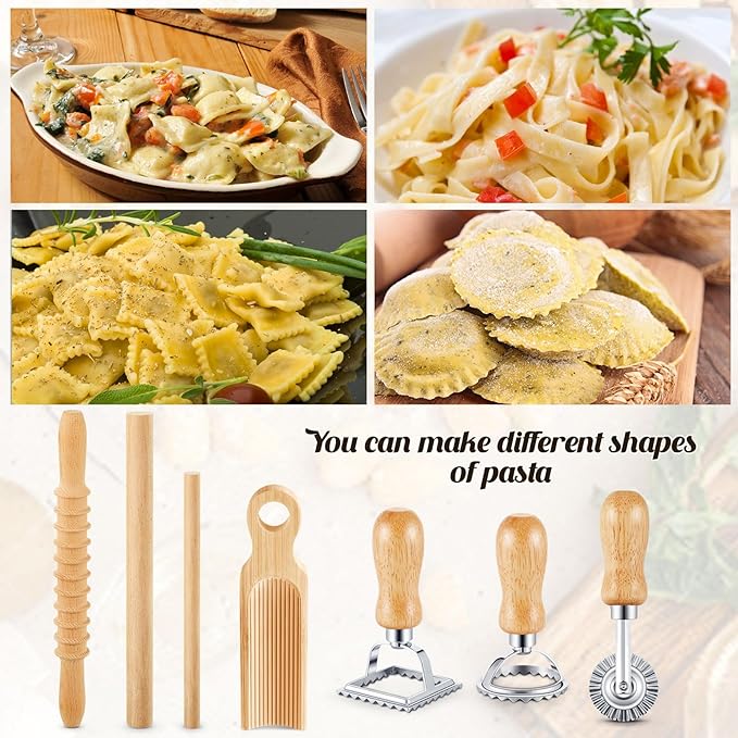 Tioncy 7 Pcs Pasta Making Tool Set Wood Gnocchi Board with Ravioli Stamp Ravioli Maker and Rolling Pin Homemade Gnocco Maker Kitchen Gift for Home Baking Lovers(Curved Gnocchi Board Set)