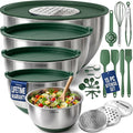Priority Chef Stainless Steel Mixing Bowls with Lids Set, Metal Nesting Bowls with Airtight Lids, Graters, Non-Slip Base & Measurement Marks, Includes Utensil Set for Prep, Baking & Storage, Green
