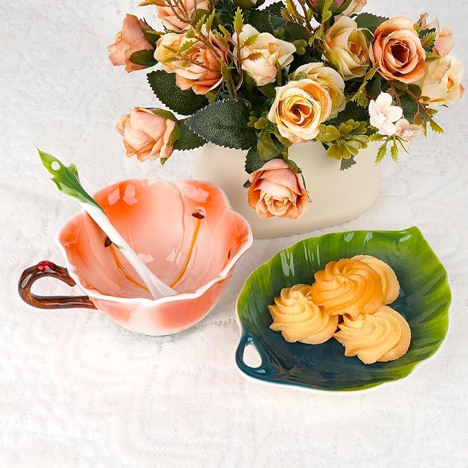 Lily Flower Tea Cup and Saucer Set 6 Oz, Enamel Flower Porcelain Coffee Cup Saucer Set with Spoon for Women, Hand Crafted Tea Set (Clivia Lily)