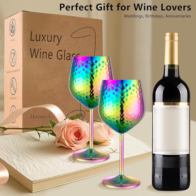 UNISWEET Stainless Steel Wine Glasses Set of 4 Unbreakable (Colorful) | 17 oz Large-capacity Hammered Goblets, Lightweight & Reusable, Good for Outdoor, Camping, Pool Travel, Gift for Wine Lovers