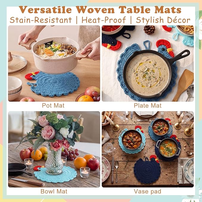 LemonRoad Handmade Crochet Chicken Trivets Set of 6, Farmhouse Hot Pots Holder Gifts Cute Braided Woven Coaster Protector for Dishes Mothers Day Lovers Housewarming 6.5" x 6.8"(Vivid Style)