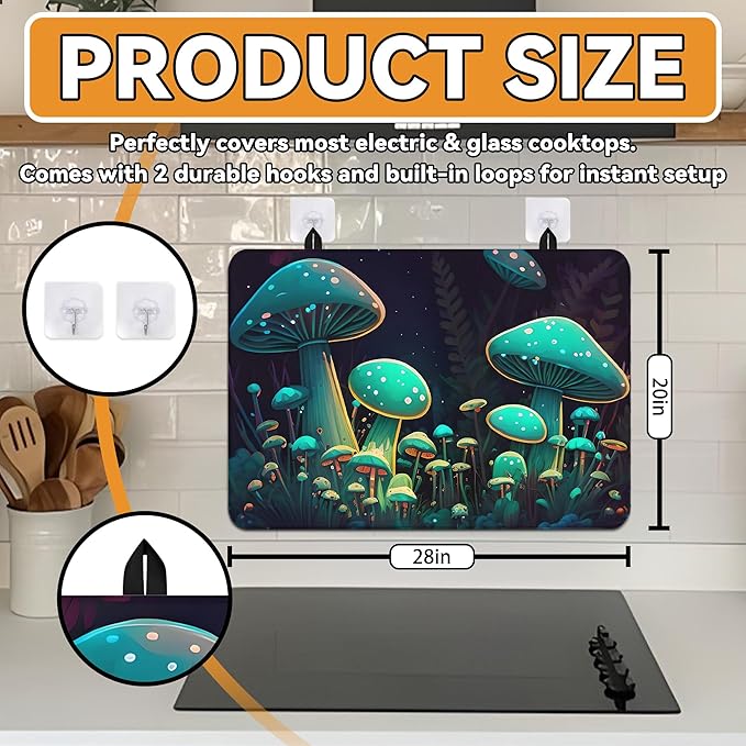 Decorative Stove Top Covers for Electric Stove 28"x20" – Heat Resistant Glass Cooktop Protector Dish Drying Mat – Non-Slip Rubber Backing Washer Top Cover Waterproof Extra Counter Space (Mushroom)