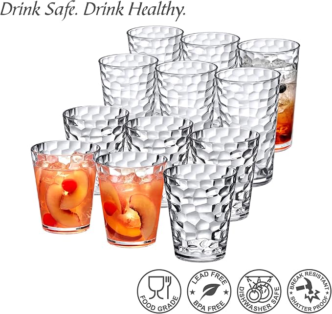 Amazing Abby - Iceberg - 16-Ounce and 24-Ounce Plastic Tumblers (Set of 12), Plastic Drinking Glasses, All-Clear Reusable Cups, Stackable, BPA-Free, Shatter-Proof, Dishwasher-Safe