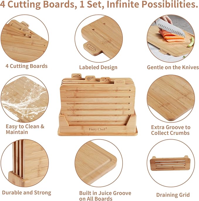 Fiery Chef 12.6"L x 9"W Bamboo Cutting Board Set of 4 - Wood Cutting Board Set with Holder, Chopping Boards Set with Food Icons, Juice Groove - Ideal for Meat, Fish, Bread, Vegetable, Fruit Chopping