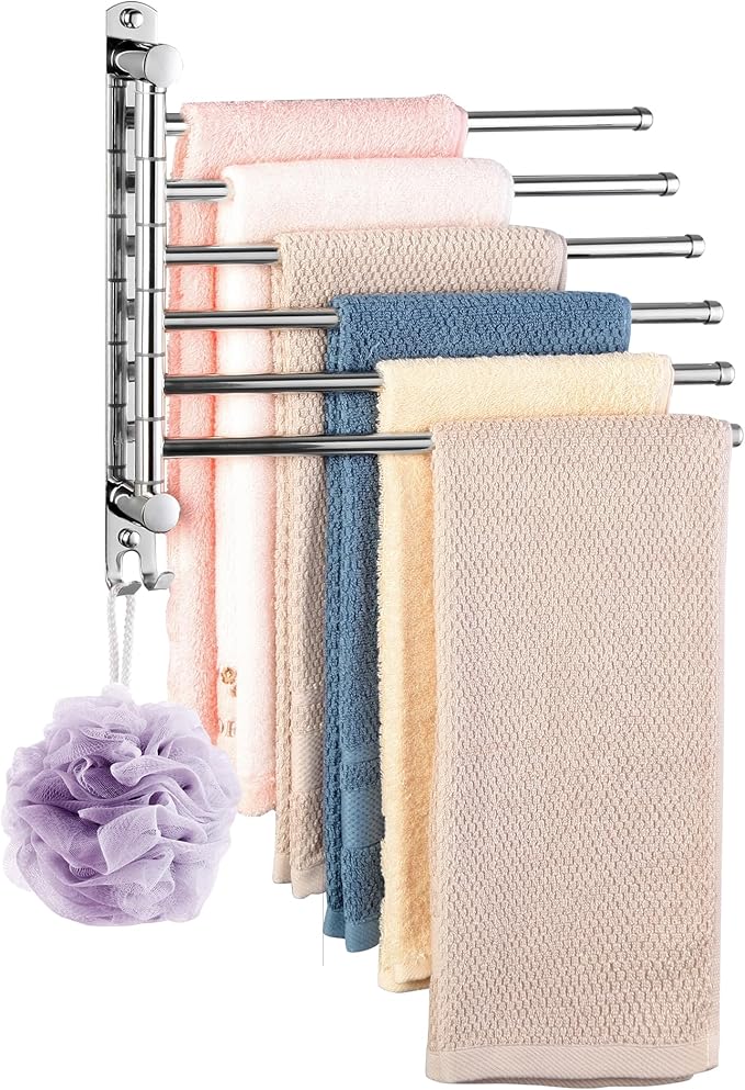 Swivel Towel Rack, 12.6 Inch Towel Bar with Wall Mounted 180° Rotation, 6 Arms Towel Hanger SUS 304 Stainless Steel, Space Saving for Kitchen, Bathroom, Outdoor, Mirror Polish