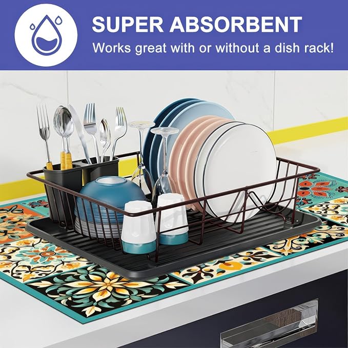 HOMETITUTE Stove Top Cover 28x20 Inch Diatomite Kitchen Mat Spanish Tile Boho Style Heat Resistant Coffee Mat Stove Cover for Electric Pad Countertop Protector Kitchen Decor