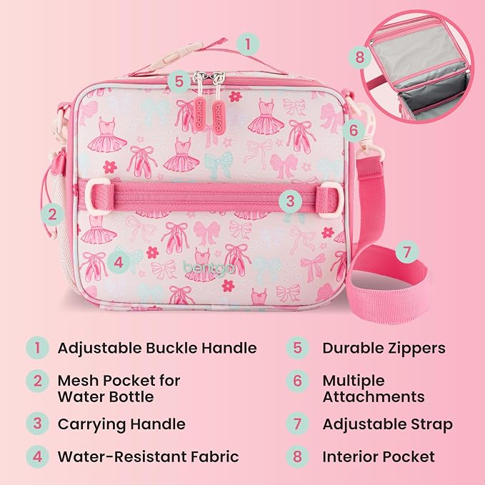 Bentgo Kids Prints Lunch Bag - Double-Insulated, Reusable, for Kids 3+, Adjustable Strap; Holds Lunch Box/Water Bottle/Snacks; Easy-Clean, Water-Resistant, Pockets (NEW Ballet & Bows)