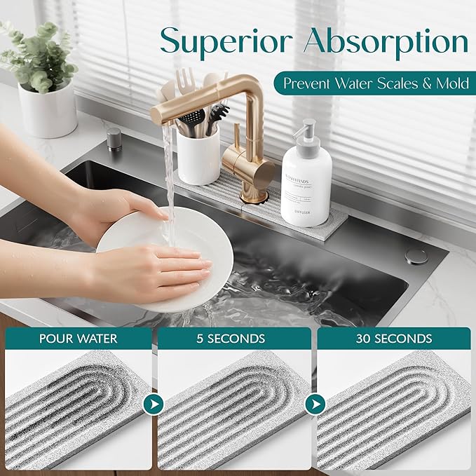 Stone Faucet Mat for Kitchen Sink, Diatomite Stone Drying Mat for Kitchen Counter, 2026 Upgraded Dishwasher-Safe & Ultra Absorbent, Chemical-Free Stone Dish Mat for Bottles Utensils (15.7" x 3.9")