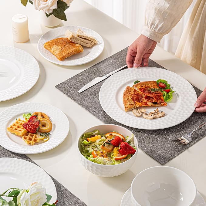 12-Piece Ceramic Dinnerware Set for 4, Water Cube Texture Dishes and Plates Sets, Includes Plates and Bowls, Minimalist High-Temperature Reinforced Porcelain, White