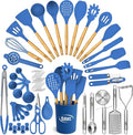 Kaluns 50 PCS Silicone Kitchen Utensils Set Complete Kitchen Set - 800°F Heat Resistant Non-Stick Premium Silicone Cooking Utensils W Wooden Handles - Can Opener, Masher, Turner, Silicone Spatula Set