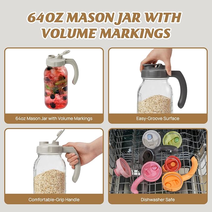 Soligt Glass Mason Jar Pitcher with Lid, Wide Mouth Flip Cap Pour Spout Leak-proof Lid with Handle, 64 oz (2 Quart / 1.9 Liter), for Iced Coffee/Sun Tea Juice/Cold Brew Coffee/Milk (1Pack, Light Gray)