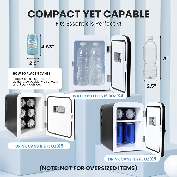 Simple Deluxe 6L/9 Can Mini Fridge with Observation Window, Portable Cooler & Warmer Freon-Free Small Refrigerator, Compact for Skincare, Beverage, Food, Cosmetics, Black