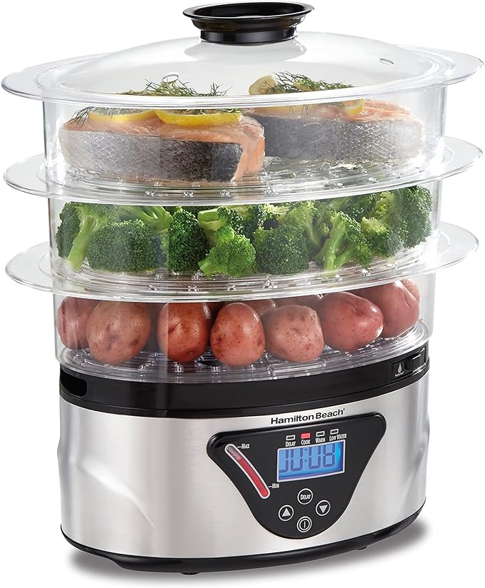 Hamilton Beach Digital Electric Food Steamer & Rice Cooker for Quick, Healthy Cooking with Stackable Three-Tier Bowls for Vegetables and Seafood, 8.25 Quart, Black & Stainless Steel