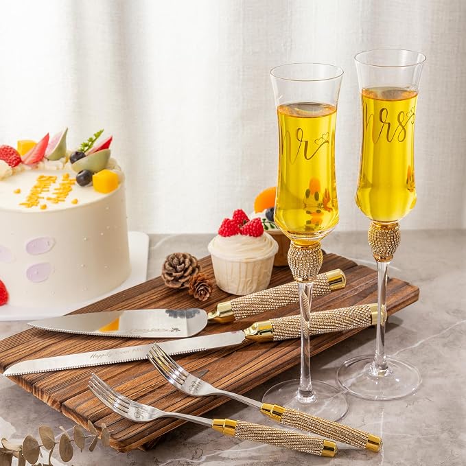 Wedding Cake Knife and Server Set, Gold Cake Cutting Set for Wedding, Mr and Mrs Champagne Flutes for Bridal Shower Gifts Engagement Gifts for Couples