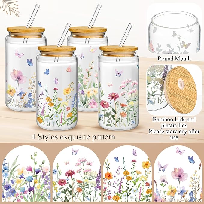 Mumufy 4 Pack Wildflower Glass Cups Gift Aesthetic Cute Glass Cup Tumbler Flower Iced Coffee Mugs 16 oz with Bamboo Lid & Straw, for Wedding Birthday Bridesmaid Mom Baby Shower