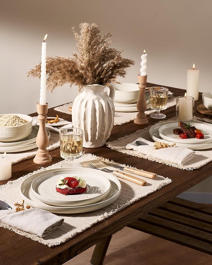 24-Piece Reactive Glaze Stoneware Dinnerware Sets for 8 - Coupe Plates & Bowls with Speckles & Spirals - Chip & Scratch Resistant, Microwave & Dishwasher Safe - Gift Box, Shell Beige