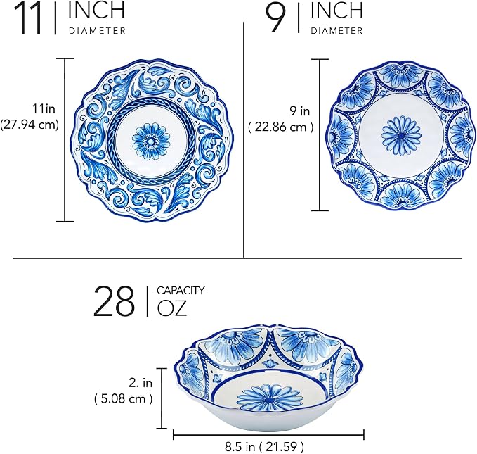 Veranda Melamine 12-Piece Dinnerware Set, Service for 4 – Includes Dinner Plates, Salad Plates, and Bowls – Elegant Blue and White for Everyday Use, Indoor/Outdoor Dining, and Entertaining