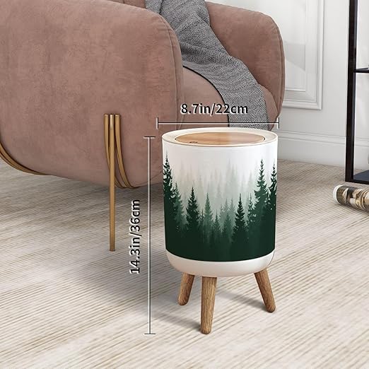 Trash Can with Lid Forest Nature Landscape Evergreen coniferous Trees Pine Spruce Press Top Round Small Garbage Bin with Wooden Legs Waste Basket for Kitchen Bedroom Nursery 7L/1.8 Gallon