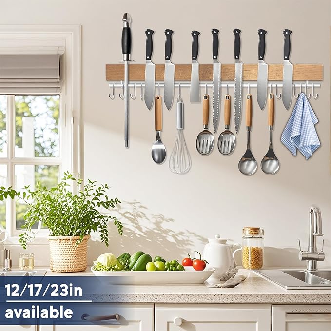 Dmore magnetic knife holder for wall—with 15 hooks, No Drilling 23 Inch Wood knife magnetic strip, Extra Strong Magnet knife rack, include Adhesive Tape and screws for Knives and Tools