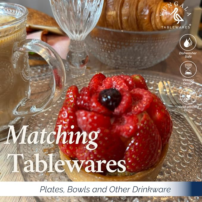 Vintage Glass Mugs Set of 4 – 10oz Vintage Coffee Mugs or Pressed Glass Tea Cup with Sunflower Design, Clear Tea Cup, Perfect for Affogato or boujee entertaining, Dishwasher Safe, Lead-Free