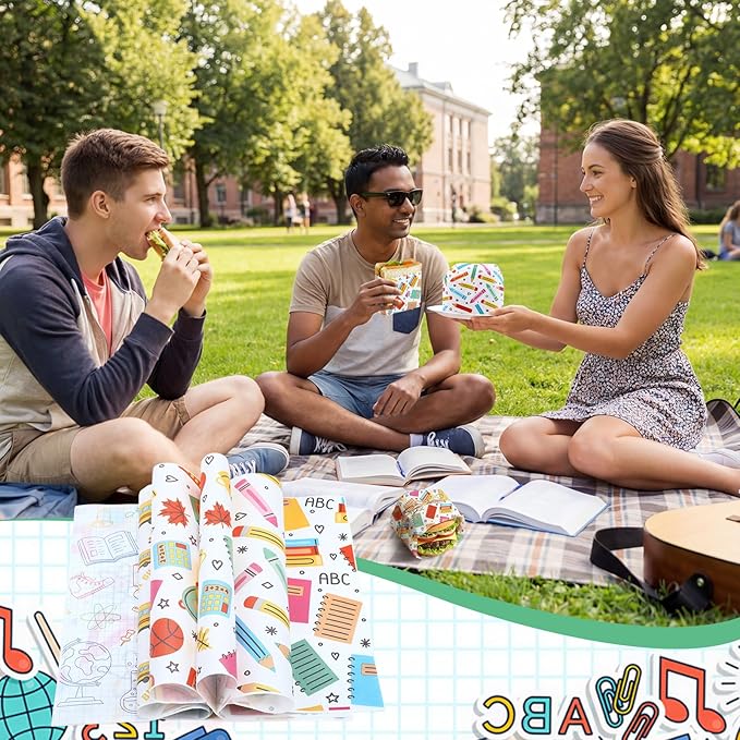 Reallnaive 300 Pcs Back to School Wax Paper Sheets 12 x 12 Inch Parchment Deli Tissue Paper Sandwich Wrapping Sheets Food Basket Liners for Kitchen Restaurant Baking Supplies, 6 Styles