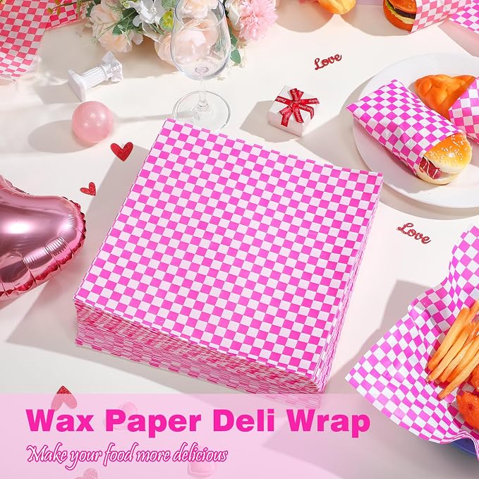 Spakon 1000 Sheets Wax Deli Paper Sheets for Food 12 x 12 Inch Checkered Dry Waxed Deli Basket Liners for Sandwich Wrapping, Food Basket Liners, Picnic party(Hot Pink-white)