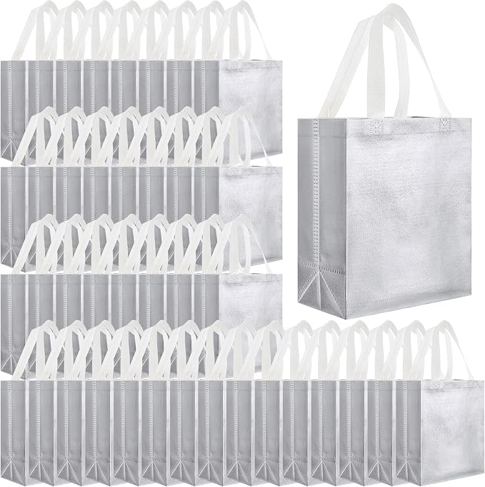 Eccliy Reusable Gift Bags Set Glossy Grocery Gift Tote Bag with Handle for Wedding, Bridal Shower, 4th of July, Summer Event(10 x 8 x 4.7 Inch,Silver,80 Pcs)