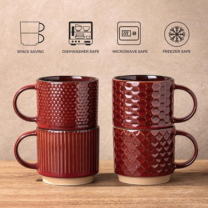 GBhome 12 OZ Stackable Coffee Mugs, Ceramic Coffee Mugs with Texture Patterns for Man,Woman,Dad,Mom, Modern Coffee Mugs Set of 4 for Latte/Cappuccino/Cocoa. Dishwasher&Microwave Safe