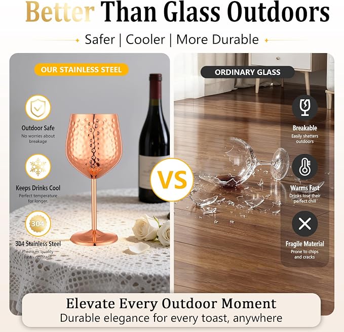 UNISWEET Stainless Steel Wine Glasses Set of 4 Unbreakable (Rose Gold) | 17 oz Large-capacity Hammered Goblets, Lightweight & Reusable, Good for Outdoor, Camping, Pool Travel, Gift for Wine Lovers