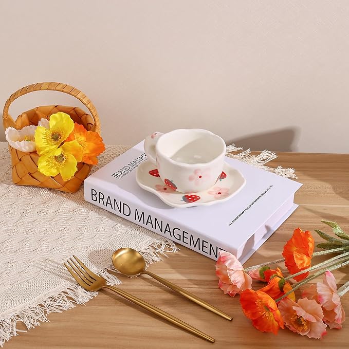 Koythin Ceramic Coffee Mug with Saucer Set, Cute Creative Cup Unique Irregular Saucer Design for Office and Home, 6 oz/180 ml for Latte Tea Milk (Strawberries and Flowers)
